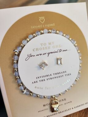 BELOVED + INSPIRED MOONSTONE 14KT DIPPED CHOSEN ONE BRACLET EARRING SET NWT